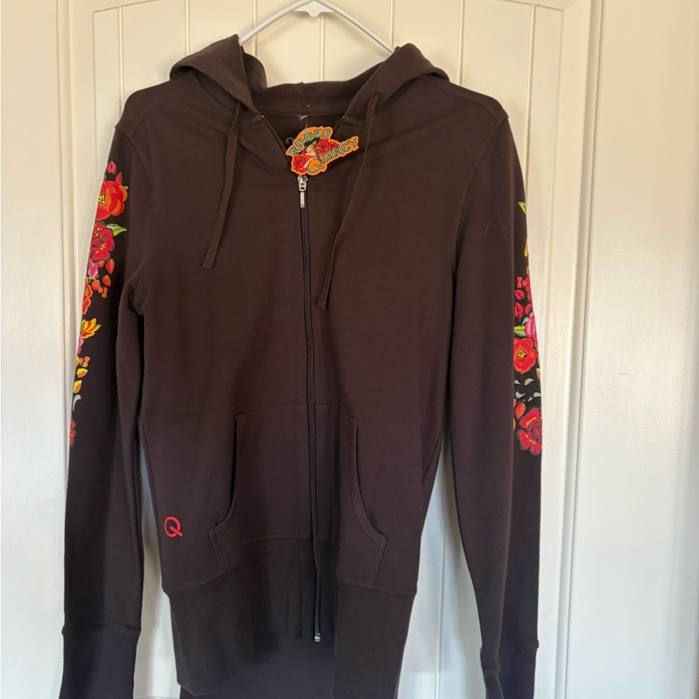 Chic Brown Floral Embroidered Hoodie